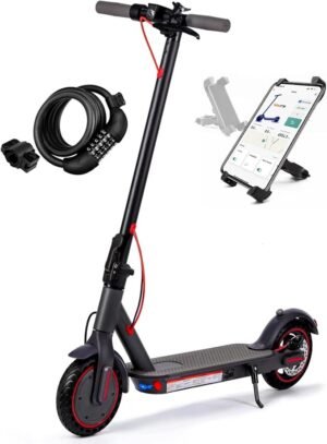 8.5-inch electric scooter with mobile phone holder and anti-theft device. Foldable e-scooter, 25-30 km range, Li-Ion battery, max. load 120 kg.