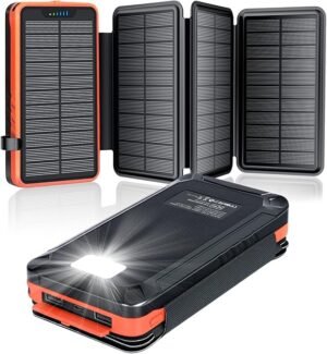 elzle Solar Power Bank, 26800 mAh, Solar Charger with 2 USB-A Outputs & 1 USB-C Input, Outdoor Waterproof External Battery with 4 Solar Panels and Torch for Smartphones, Tablets, Camping